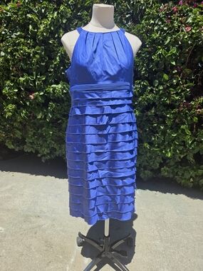 Jones New York Satin Cocktail Dress 12 Peacock Blue Pleated Halter Neck